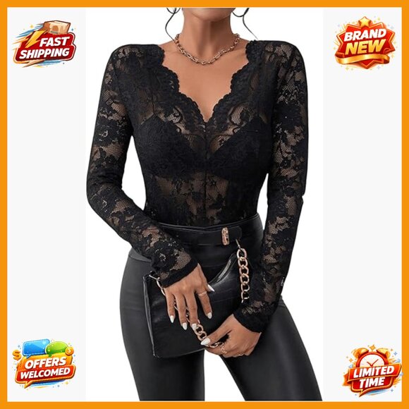 Tops - Floral Embroidery Mesh Lace V-Neck Long Sleeve Blouse Sheer Top